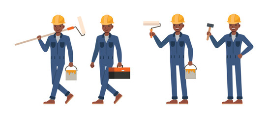 Male worker wearing blue jumpsuit working character vector illustration design set.