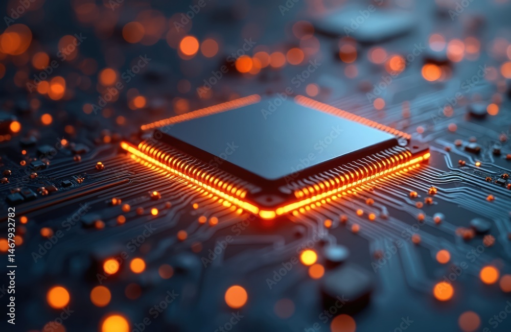 Poster Glowing microprocessor chip circuit board detail. Digital technology, computing, data processing concept. CPU, central processor unit, hardware component, mainboard, electronic device, computer.