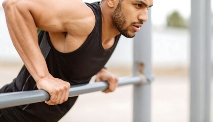 Naklejka premium Muscular Man Doing Dips on Outdoor Calisthenics Bars Intense Fitness Workout
