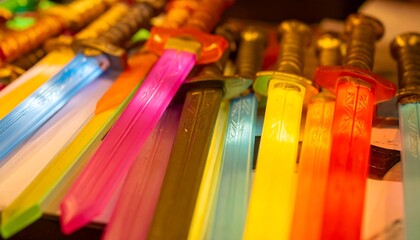 Colorful Luminous Plastic Toy Swords Collection Close Up Shot