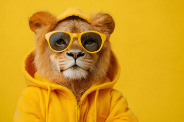 Stylish Lion in Sport Dress and Sunglasses Posing on Yellow Background for Fun Fashion