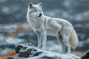 Obraz premium Arctic wolf standing proudly on a snowy hill in winter