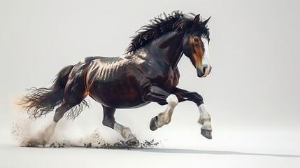 Fototapeta premium Galloping bay horse with blaze in bright minimalist setting