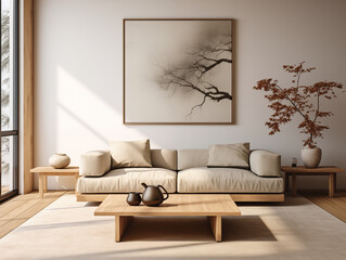 Minimalist japandi and wabi sabi style living room with rustic coffee table, neutral couch and large artwork on the wall. Japanese style minimalist interior.