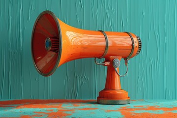 A vibrant orange megaphone resting on a colored textured surface