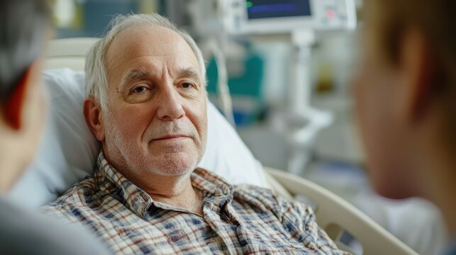 senior man patient recovering in hospital from surgery and being visited by family