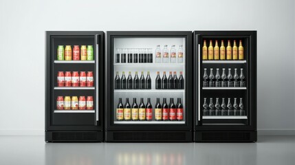 Realistic 3D modern cooler with shelves front and corner view for fresh food or drinks in supermarkets or kitchens. Mini refrigerator for beverages with transparent glass door.