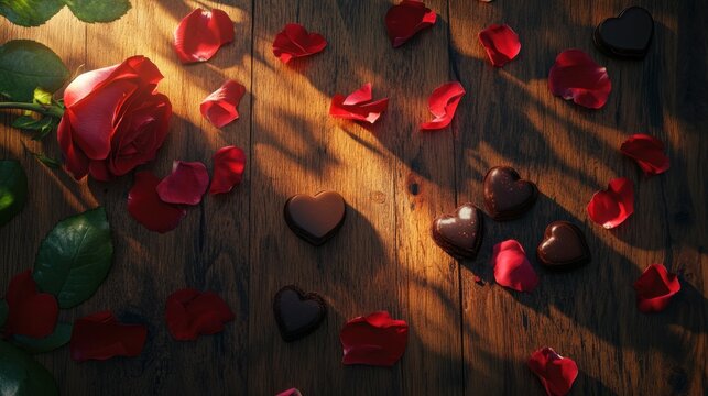red rose petals leaves and heart chocolate on a wooden desk for valentines day holiday. romantic love wallpaper background for web design or print. Generative AI