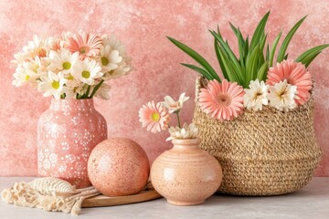 Pink floral arrangement with vases and basket