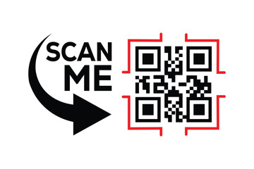 Minimalist black and white graphic design with bold 'SCAN ME' text, curved arrow, and hollow rectangles creating a QR code scan effect. Clean lines, symmetrical composition. Ideal for apps, websites, 