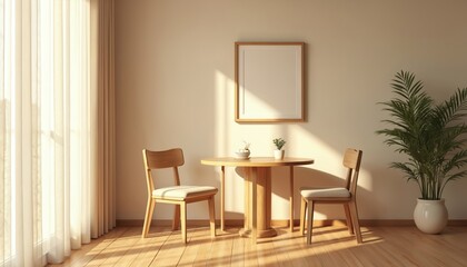 Cozy minimalist dining room with wooden table, two chairs, soft natural light. Interior design with simple, elegant, bright, airy atmosphere. Harmony, calmness, subtile style, comfort, neutral