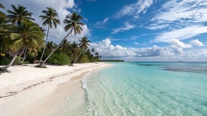 Idyllic Tropical Beach with White Sand, Crystal Clear Turquoise Waters, and Lush Palm Trees Under a Bright Blue Sky with Fluffy Clouds.
