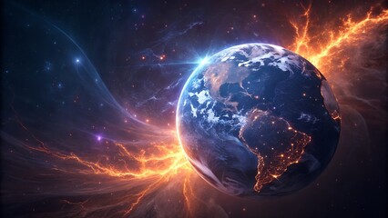 Fototapeta premium Futuristic Earth Illuminated with Glowing Energy Streams and Cosmic Lights in a Vibrant Space Scene Against a Starry Background