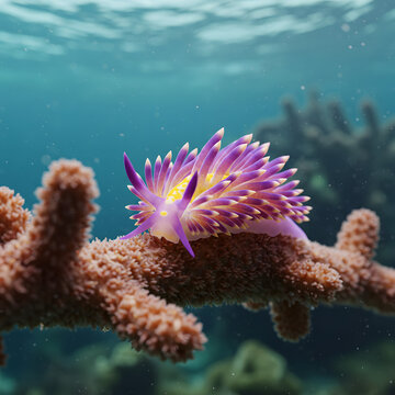 Exotic purple nudibranch sea slug with yellow cerata perched on a coral branch underwater