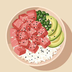 Delicious poke bowl with diced tuna, avocado, edamame, and rice on a beige background