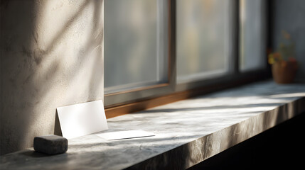 Sunlit Window Sill Mockup Blank Card and Stone