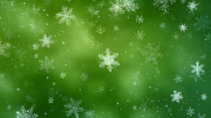 Falling Snowflakes on Green Winter Background