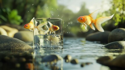 Fish leap out from a glass into a river, bigger wider environment. Concept of courage to leave the comfort zone and free oneself for better. Generative AI