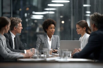 Diverse group of business professionals having a meeting around a table.