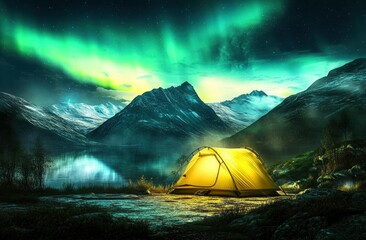 Solitary Tent Under Enchanting Aurora Borealis