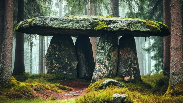 Ancient Stone Structure in a Misty Forest