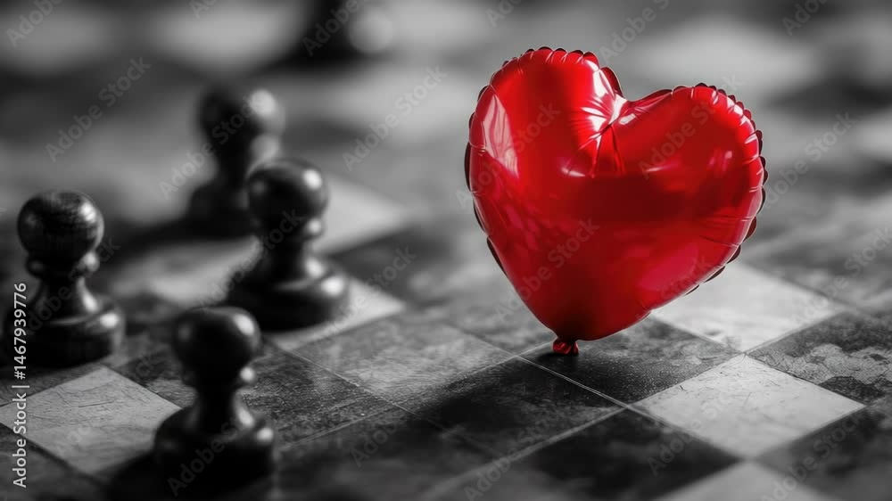 Poster a red heart-shaped balloon sits on top of a chess board, adding a touch of romance to the strategic 