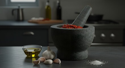 Still life of mortar and pestle with red paste garlic oil and salt in kitchen setting