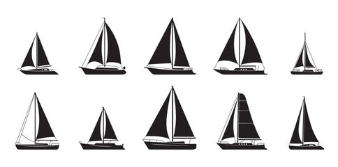 Ten Different Types of Sailboats Black Silhouettes Collection