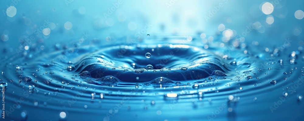 Poster water drops on blue background with light bokeh. pure aqua liquid with ripple effect. clean droplet 