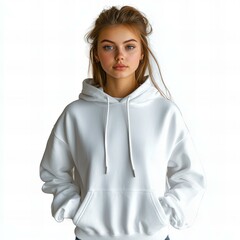 mockup of a beautiful teen girl wearing a white blank hoodie