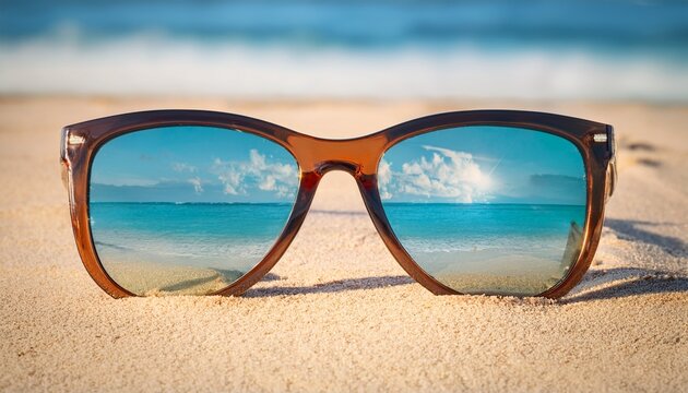 sommer sonne urlaub sonnenbrille mit reflexion von strand und meer blau