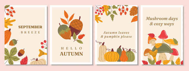Set of autumn posters featuring seasonal elements like colorful leaves, berries, and mushrooms in warm earthy tones, perfect for fall-themed decor, seasonal promotions, and inspired by nature designs.
