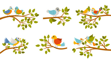 Fototapeta premium Cartoon flat style illustration of colorful birds sitting on tree branches. Bright, playful design with bright colors and a cheerful nature theme. Ideal for kids or spring topics.