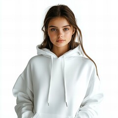 mockup of a beautiful teen girl wearing a white blank hoodie