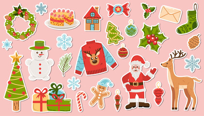 Bright festive Christmas cartoon sticker set with Santa Claus and snowman, gifts and tree, deer and ugly sweater, holly berries and gingerbread man, snowflakes and wreath, candles and toys.