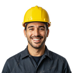 Smiling Construction Worker wear safety Helmet isolated on white background 