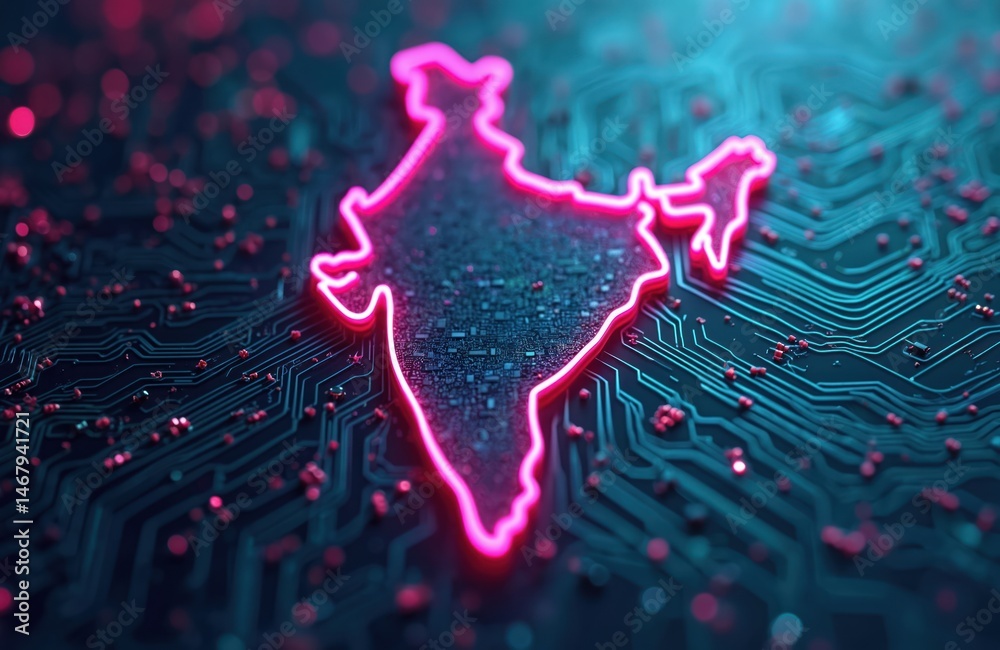 Aufkleber India map outline illuminated with neon glow on circuit board background. Digital tech concept with electronic circuits, data flow. Modern network infrastructure, innovation and future.
