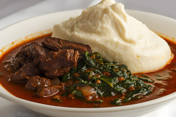 West African dish of fufu and egusi soup, beautifully plated with flavorful meat in a rich, hearty sauce