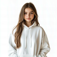 mockup of a beautiful teen girl wearing a white blank hoodie