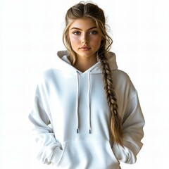 mockup of a beautiful teen girl wearing a white blank hoodie