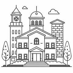 Fototapeta premium Black and White Building Outline: A simple black and white outline depicts building, complete with clock tower and tree.