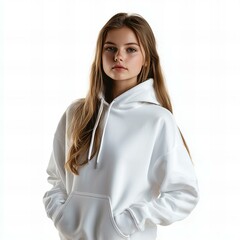 mockup of a beautiful teen girl wearing a white blank hoodie