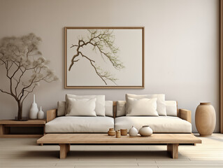 Simple japandi and wabi sabi interior in light colors with rustic coffee table, couch with pillows and oversized artwork on the wall