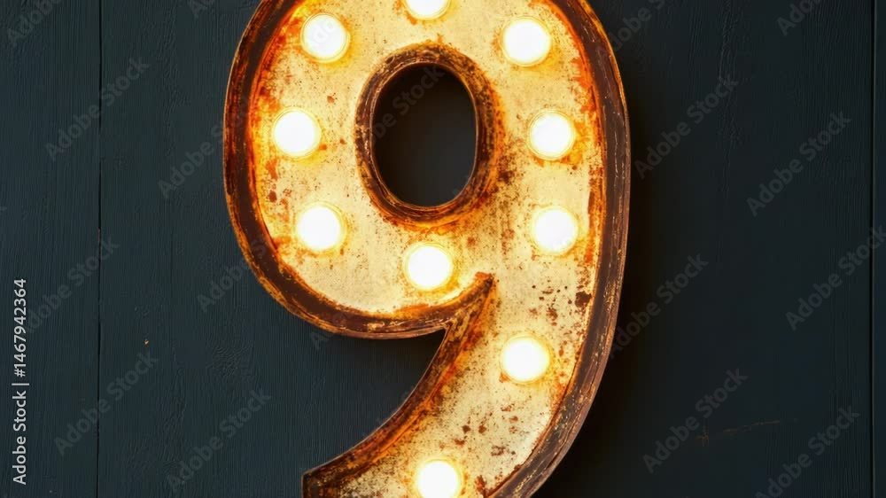 Poster a close-up of a lighted number nine made from light bulbs
