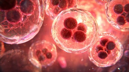 Close-up view of biological cells under a microscope, highlighting internal structures and cell division.