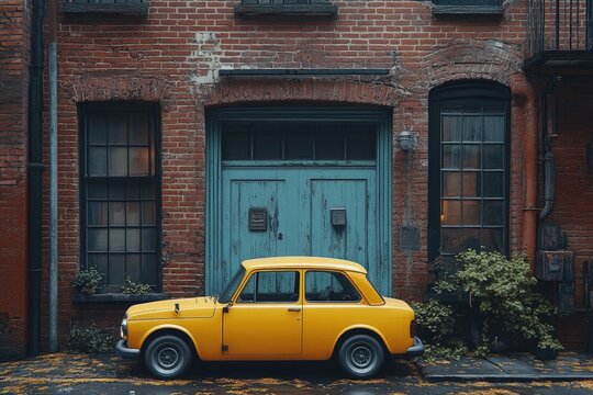A vintage yellow car parked by a brick building entrance - Powered by Adobe