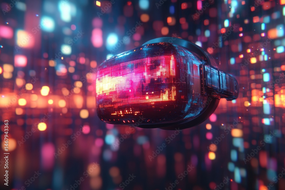 Poster a virtual reality headset with an illuminated display is floating
