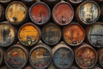 A wall of stacked wooden barrels with various colors and textures