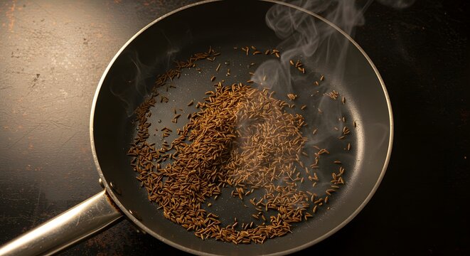 Toasting cumin seeds in a frying pan on a dark stovetop with visible smoke rising up