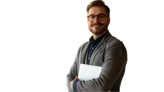 Man with glasses and blazer holding a laptop against a TRANSPARENT background smiling at the camera